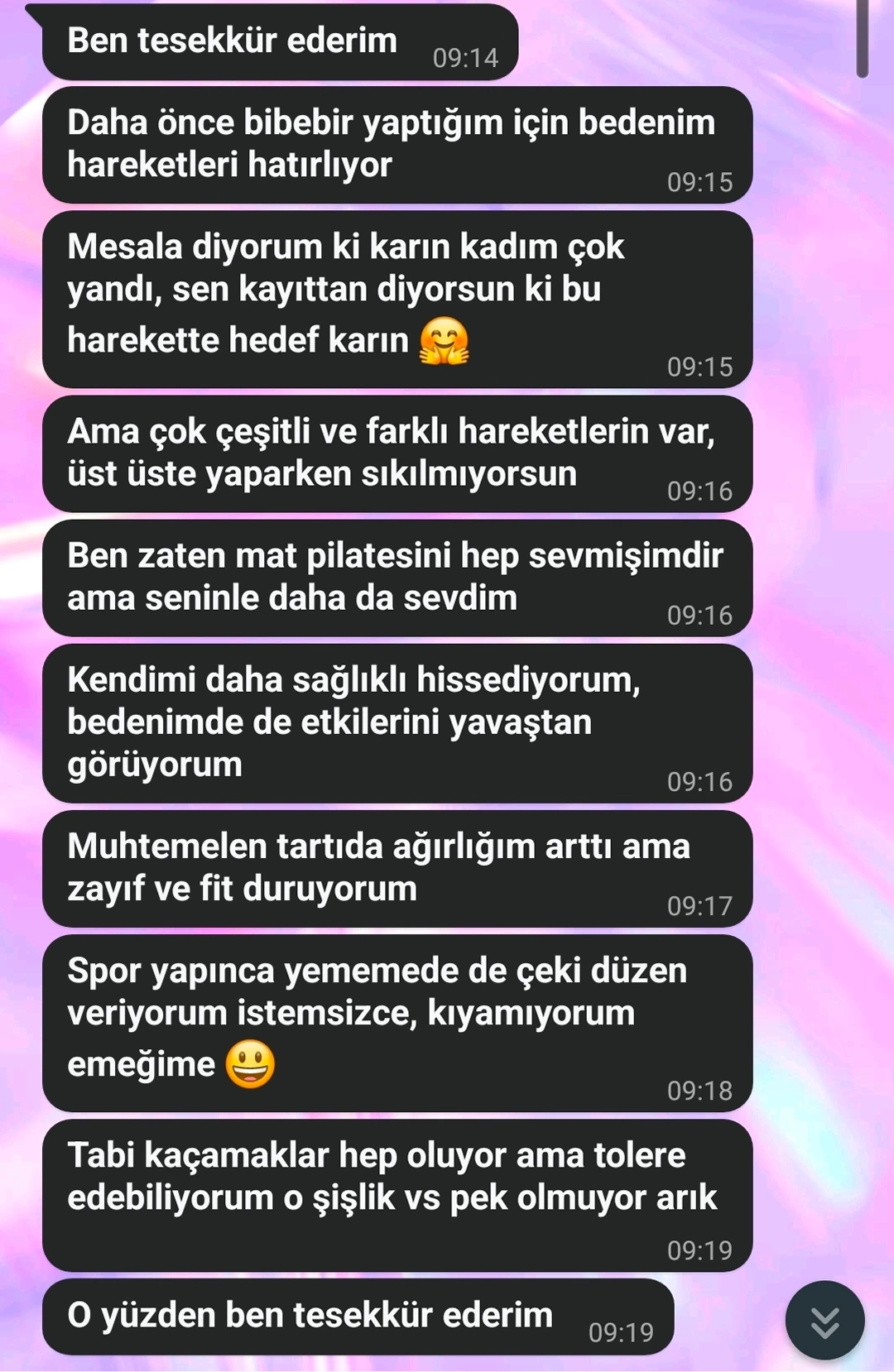 Danışan mesajı: kendini daha sağlıklı ve fit hissettiğini, yeme düzeninin kendiliğinden oturduğunu yazıyor.